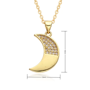 Detail view of gold moon pendant with dimensions 18mm by 13mm featuring zircon inlay