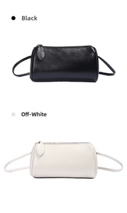 Stylish women soft genuine leather shoulder crossbody bag, elegant barrel design, black and white.