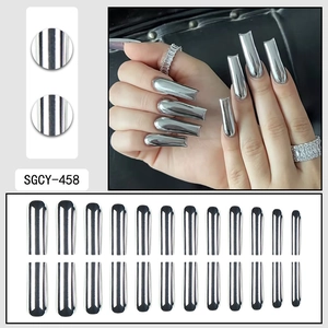 Cyberpunk chrome silver mirror long coffin press-on nails 24pcs full set