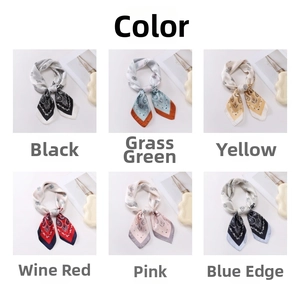 Selection of printed silk-like square scarves in black, green, yellow, wine, pink, and blue