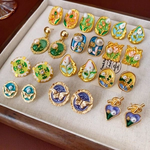 Vintage French Retro Oil Painting Style Enamel Floral Earrings With Artificial Pearl Accents And Silver Earring Post