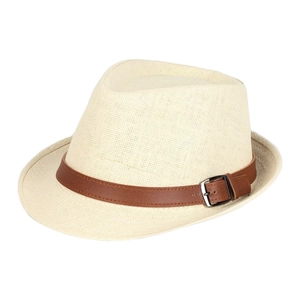 Classic white woven fedora hat with brown leather belt trim for summer travel and styling