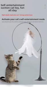 Suction cup cat toy with elastic steel wire, feather pendant and a bell for self-play