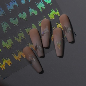 Holographic laser heartbeat pattern nail stickers with pink matte long coffin fake nails