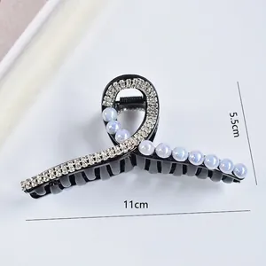 Elegant 11cm black hair claw clip with faux pearls and rhinestones for women