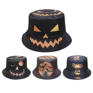 Bucket Hat Polyester Halloween Pumpkin Skull Bat Print Sun Protection Party Headwear For Adult