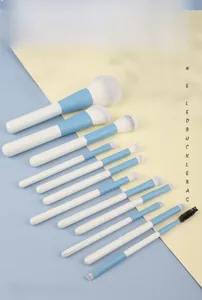 Detail of 12-piece professional makeup brush set with blue handles and soft gradient bristles