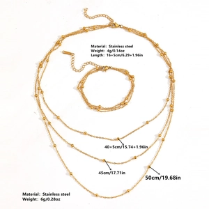 Three-layer gold stainless steel necklace and bracelet set with size specifications