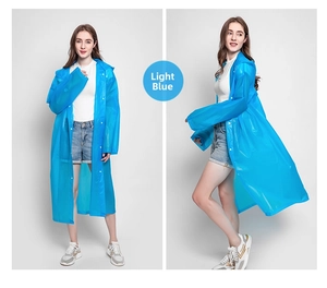 Front and side view of a light blue translucent long EVA raincoat with hood and buttons