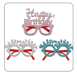 Three-pack of glitter Happy Birthday party glasses in pink, silver, and teal blue
