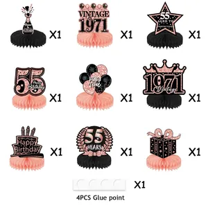 9-Piece rose gold 55th birthday table centerpieces with honeycomb base for women's party