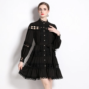 Elegant black lace dress with high collar, pearl buttons and waist belt for women