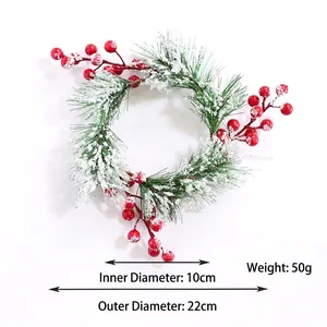 White frosted pine needle and red berry Christmas wreath with 10cm inner diameter