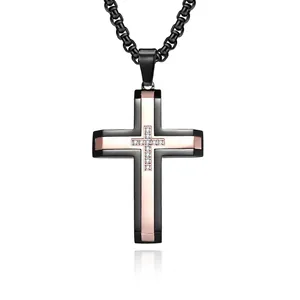 Men's hip hop cross pendant necklace in black and rose gold stainless steel with zircon