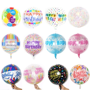 Aluminum Foil Spherical Happy Birthday Balloons Transparent Round Printed Decorative Reusable Birthday Party Celebration