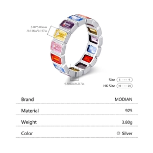 S925 sterling silver band ring with colorful rectangle gemstones and polished finish
