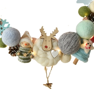 Handmade Christmas wool felt wreath with LED lights, wooden reindeer and pine cones