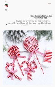 Detail of red and white striped fabric Christmas candy ornaments with plush texture