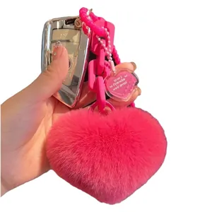 Pink plush heart keychain with thick plastic chain and transparent love tag charm