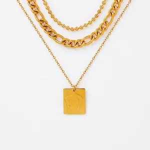 Mehrlagige Halskette Edelstahl Quadratischer Anhänger Abstrakt Weibliche Körperlinie Kunst Minimalistischer Schmuck Damen