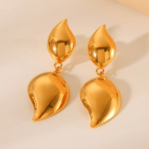 Polished 18K gold stainless steel drop earrings with elegant leaf-shaped fluid design