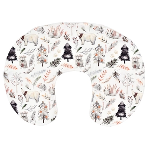 Detail of soft U-shaped nursing pillow cover with watercolor polar bear and fox prints