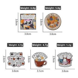 Detailed view of cat enamel pins with sizes and weights for various funny designs