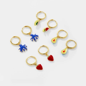 S925 sterling silver fruit hoop earrings with enamel strawberry avocado and watermelon