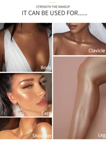 Macro views of golden shimmer liquid highlight on face, collarbone, shoulders and legs