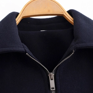 Women's dark fleece jacket featuring a lapel collar and metal half-zipper detail