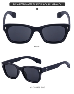 Detail view of matte black polarized square sunglasses with gray lenses from multiple angles