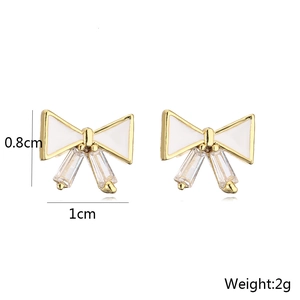 Bowknot stud earrings with white enamel and rectangular zircon, 0.8cm by 1cm size details