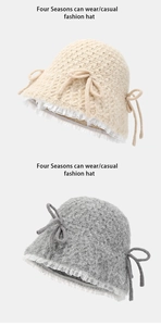 Dettaglio cappello pescatore in maglia con bordo in pizzo bianco e fiocco in lana dolce