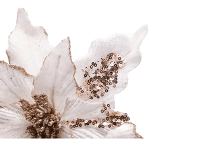 Gros plan détaillé du poinsettia de Noël en velours blanc avec paillettes et brillants dorés