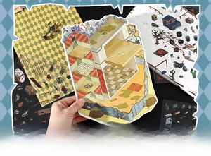Detail of 2.5D architectural DIY building stickers showing 3-story dollhouse cutout card