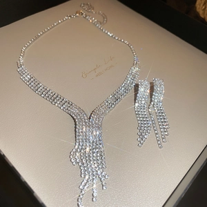 Macro view of luxurious rhinestone tassel necklace and earrings with high-clarity crystals