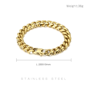 Detail view of 10mm gold stainless steel Cuban link bracelet with size and weight info