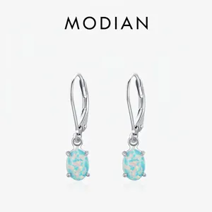 Leverback Earrings With Oval Blue Opal Stone And Zircon 925 Sterling Silver Elegant Commute Jewelry For Women