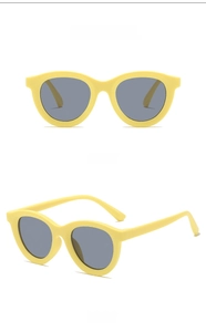 Front and side views of bright yellow round kids sunglasses with dark grey lenses