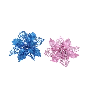Blue and pink glitter artificial poinsettia flowers with hollow design for Christmas tree