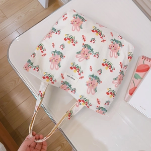 Floral canvas tote bag with pink bunny prints and simple wish label for daily use