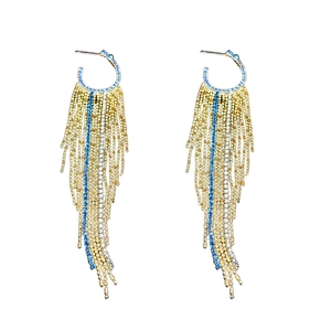 Elegant gold and blue rhinestone long tassel drop earrings with sparkling beaded fringe