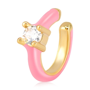 Close-up of pink enamel 18k gold plated hoop earring with a sparkling CZ stone