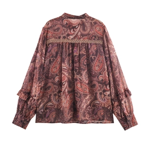 Bohemian paisley chiffon blouse with back lace panel and ruffle sleeves back view