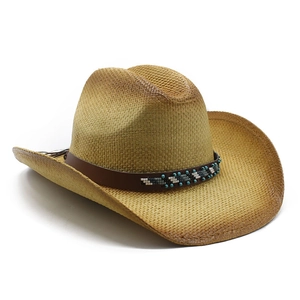 Ethnic straw cowboy hat with beaded leather band and upturned brim for beach vacation