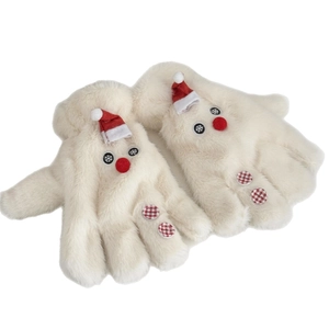 Cute plush snowman mittens with red hats and checkered buttons for winter warmth