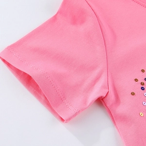 T-shirt rose à manches courtes pour filles avec paillettes et couture de qualité