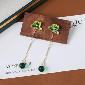 Vintage green enamel lotus fringe earrings with gold chain and jade-like beads