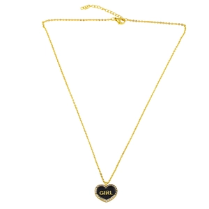 Collar de corazón dorado con esmalte negro, letras GIRL y cristales pavé