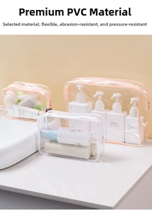 Close-up of waterproof PVC toiletry bags showing clear texture and white zipper trim